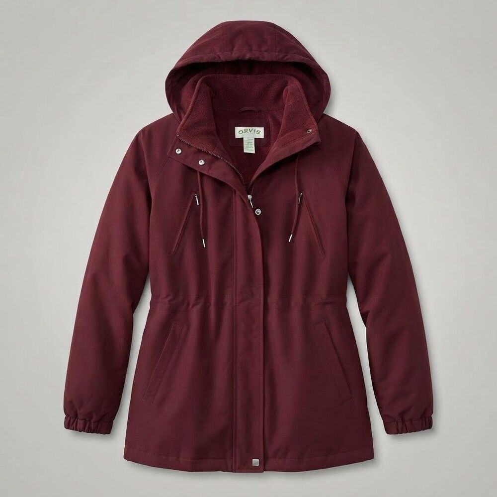 Orvis Women's L Burgundy Red Fleece Lined Hooded Heavy Winter Parka Jacket Coat